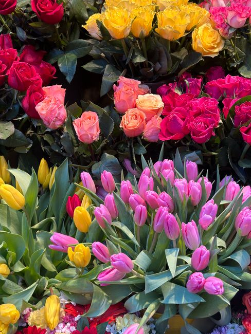 A vibrant display of fresh flowers featuring pink and yellow tulips with smooth, elongated petals and sturdy green stems, arranged in a dense, colorful floral composition. The tulips are complemented